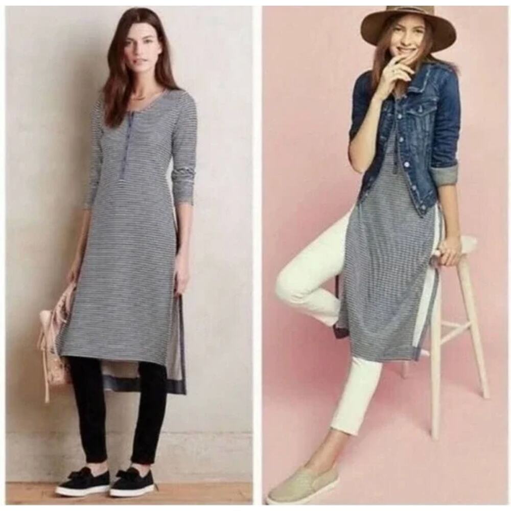 Anthropologie Postmark Striped Tunic Top Henley Side Slit Size Small‎